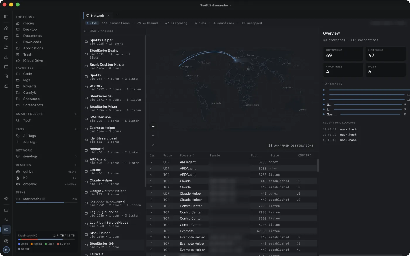 The network analyzer in dark mode: a world map above a table of live connections by process, host and port