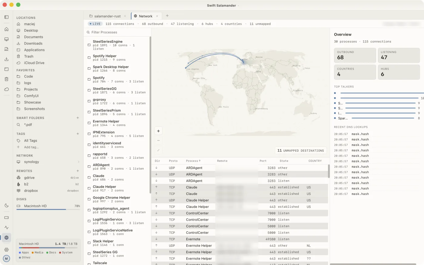 The network analyzer: a world map above a table of live connections by process, host and port