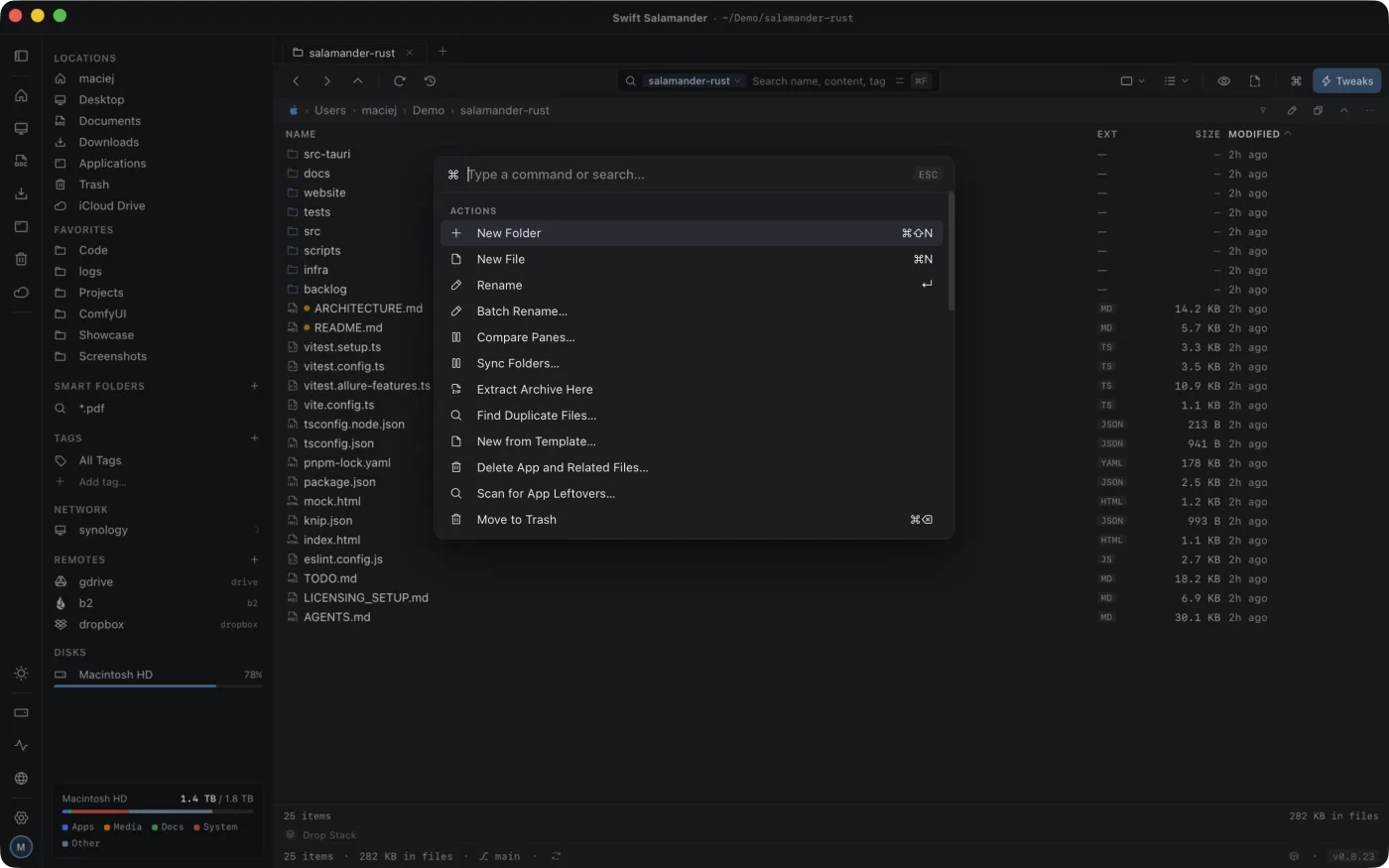 The command palette in dark mode, listing matching commands and their shortcuts