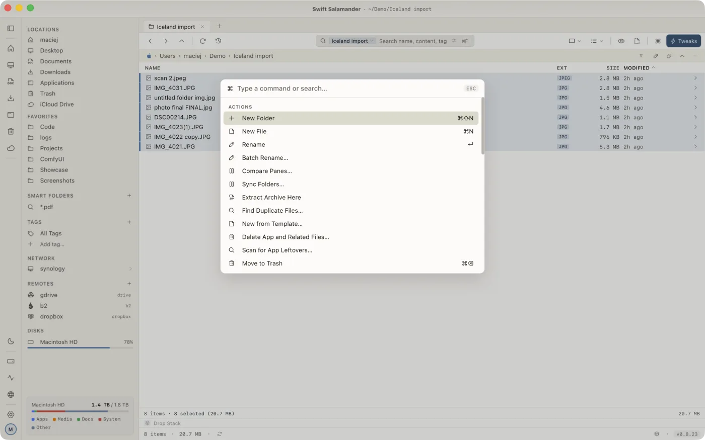 The command palette open over the file pane, listing matching commands and their shortcuts