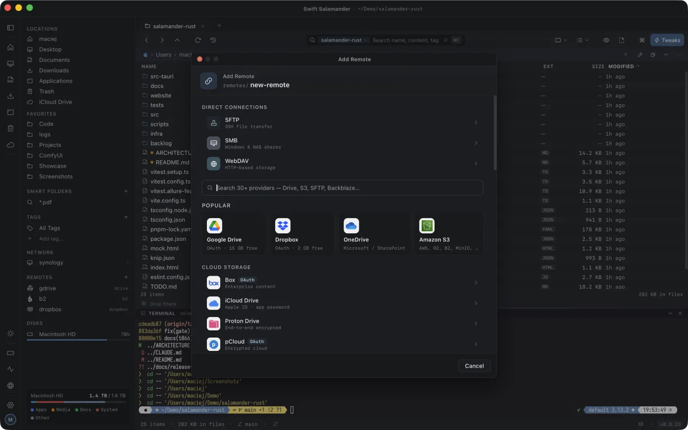 The Add Remote picker in dark mode showing SFTP, SMB and WebDAV, then Google Drive, Dropbox, OneDrive and Amazon S3