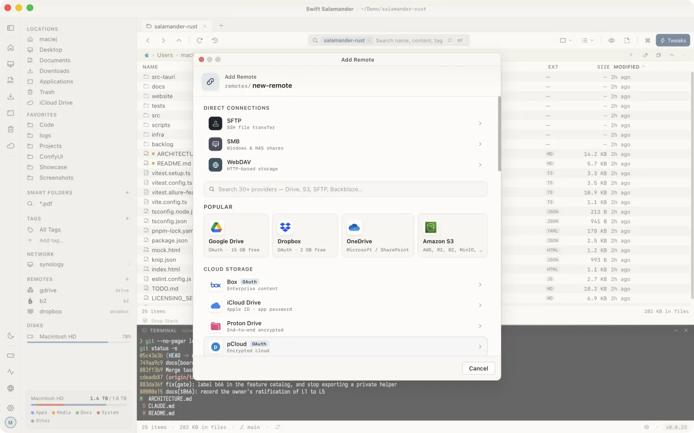 The Add Remote picker showing SFTP, SMB and WebDAV, then Google Drive, Dropbox, OneDrive and Amazon S3