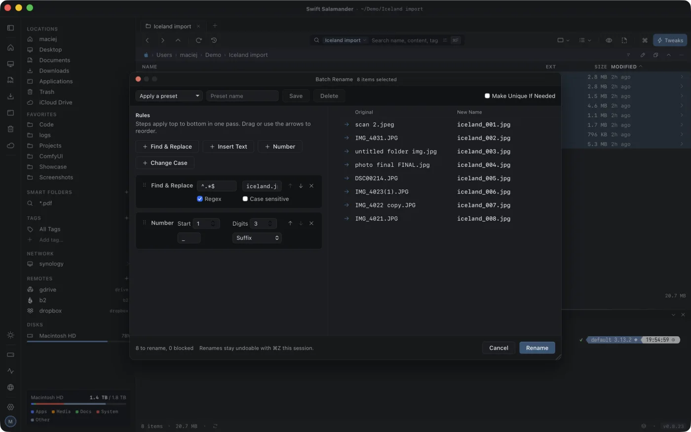 The batch rename dialog in dark mode with old and new file names side by side