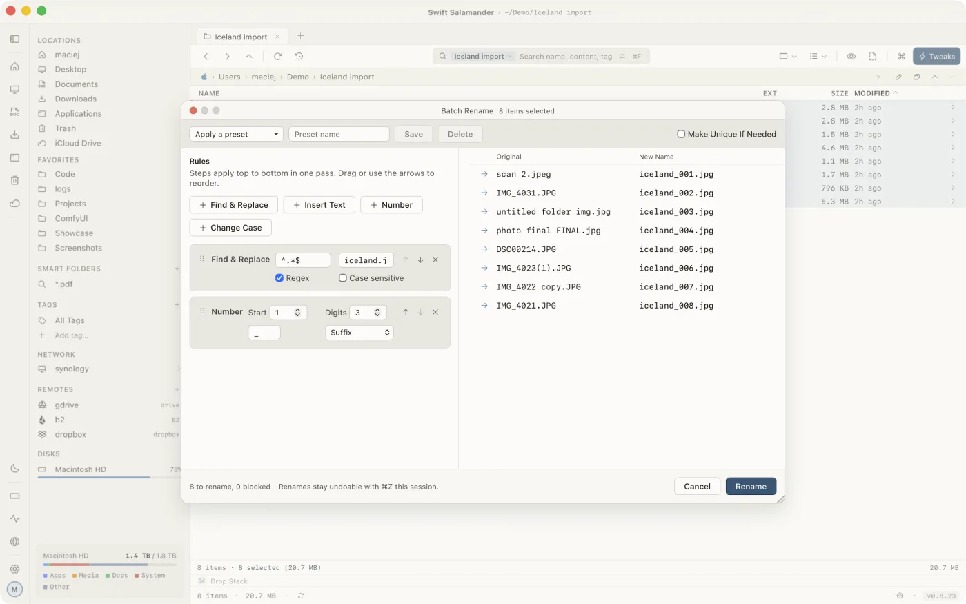 The batch rename dialog with old and new file names side by side