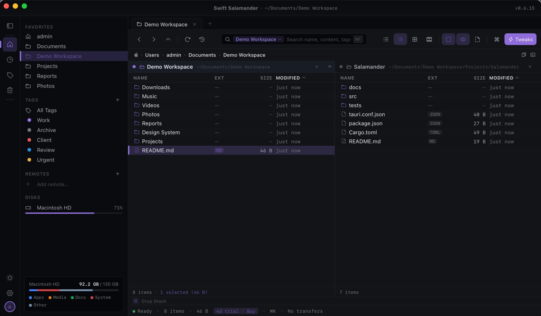 Dark theme, purple accent
