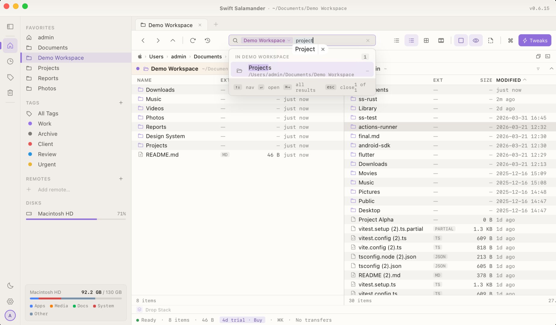 Search results in pane