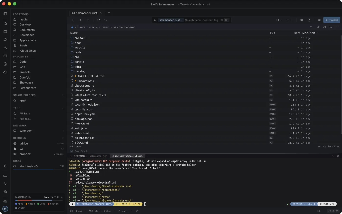 A terminal docked under the file pane in dark mode, sharing the pane's current folder