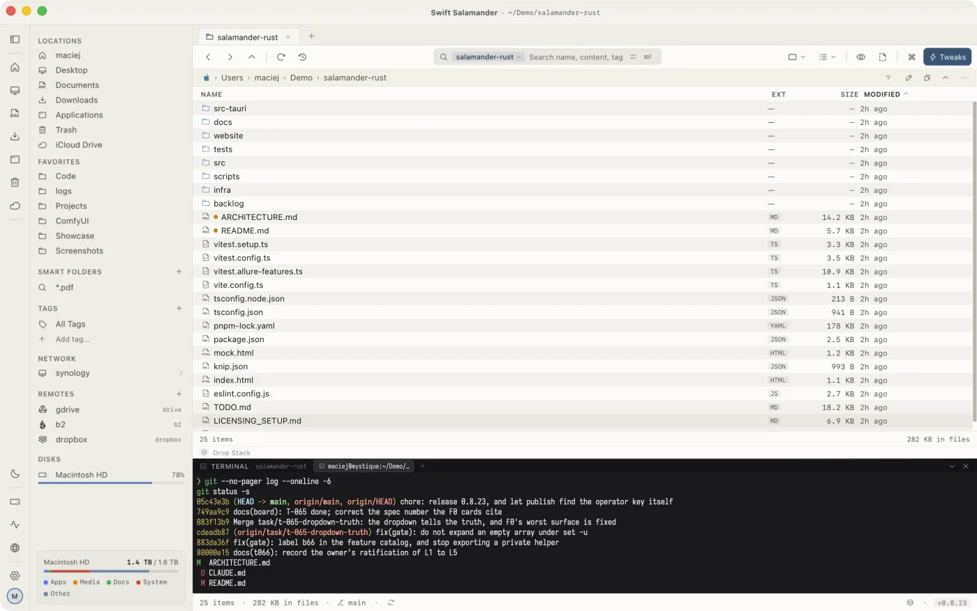 A terminal docked under the file pane, sharing the pane's current folder