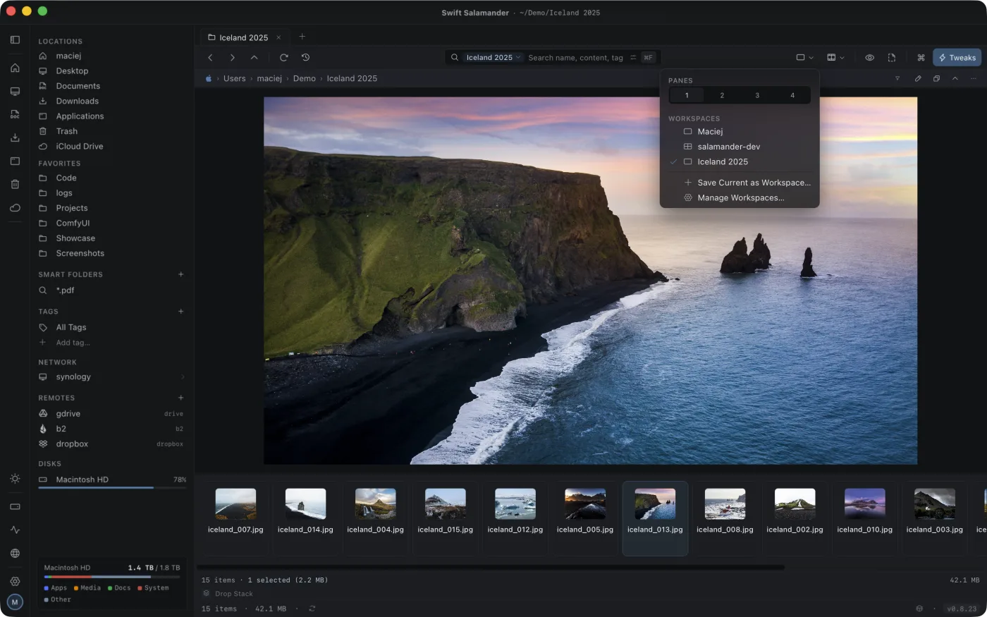 The workspaces list in dark mode, each entry naming its panes, tabs and folders