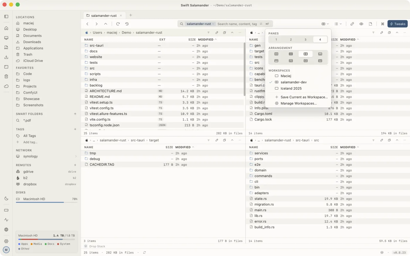 The workspaces list, each entry naming its panes, tabs and folders